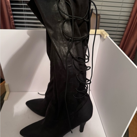 BCBG  zip and lace up heeled boot, feels like soft pony hair but is fabric. - Picture 3 of 9